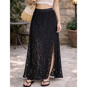 VTG Y2K Whimsigoth Floral Lace Maxi Skirt Women M Black Boho Sheer Overlay Goth